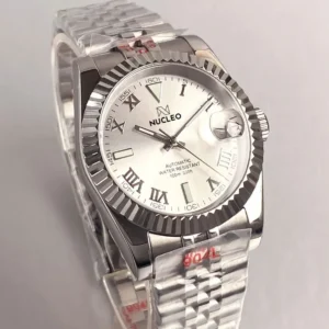 Nucleo-DateJust-Homage-con-Movimento-Automatico-Giapponese-Quadrante-Colore-Argento-Numeri-Romani-Lunetta-Zigrinata-Bracciale-Jubilee