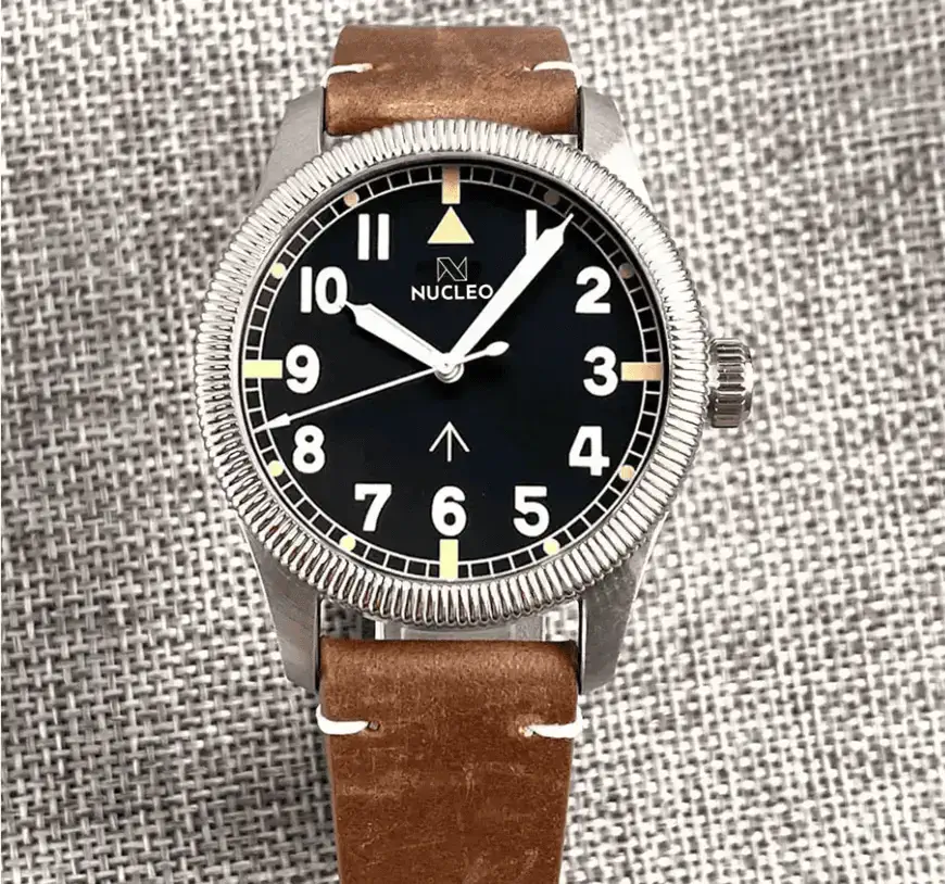 Orologio-Nucleo-Pilot-Militare-Automatico-Quadrante-nero-ore-numeri-arabi-cinturino-cuoio-marrone
