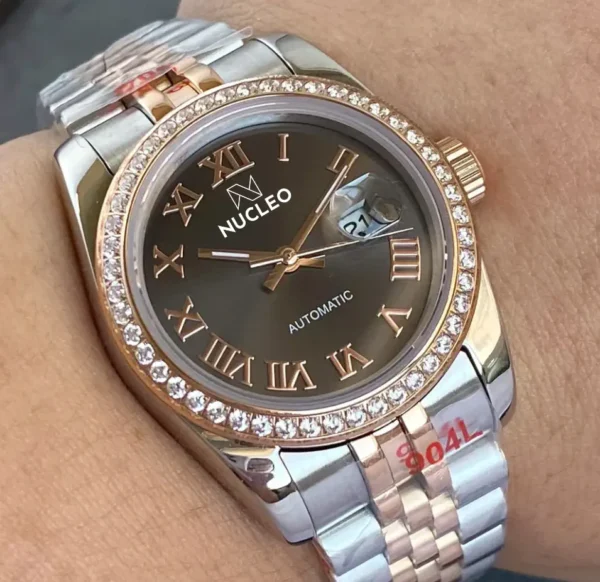 Nucleo-DateJust-Homage-Donna-con-Movimento-Automatico-Giapponese-in-Acciaio-e-Color-Oro-Quadrante-Marrone-Ore-Numeri-Romani-Bracciale-Jubilee