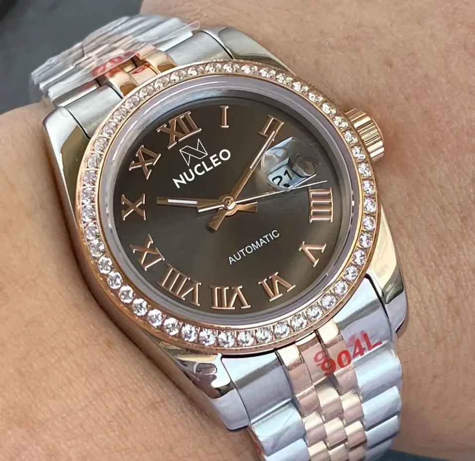 Nucleo-Date-Just-Homage-Donna-Acciaio-e-Color-Oro-Quadrante-Marrone-Ore-Numeri-Romani-Bracciale-Jubilee