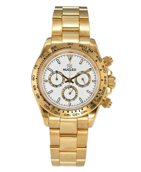 Nucleo-Daytona-Cronografo-Automatico-Homage-Quadrante-e-Contatori-Colore-Bianco-Cassa-e-Bracciale-Colore-Oro-Giallo